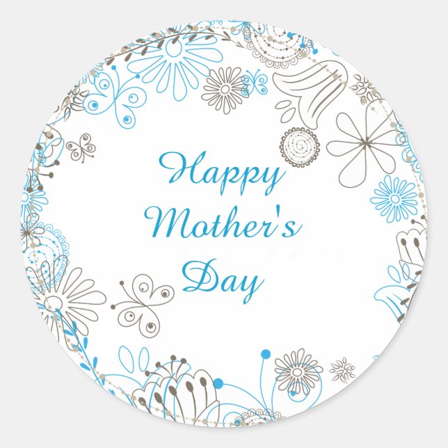 Happy Mother's Day Blue Flowers Runder Aufkleber (Vorderseite)