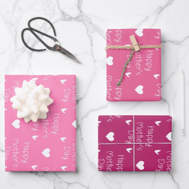 Happy Mother's day dunkelrosa Thema Set von 3 Geschenkpapier Set (Vorderseite)