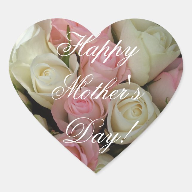 Happy Mother's Day Elegant Rosa Weiße Rosen Blumen Herz-Aufkleber (Vorderseite)