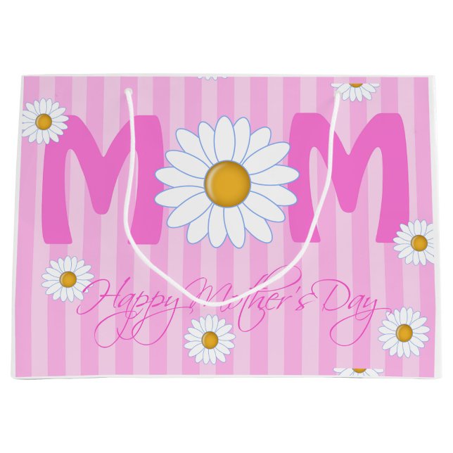 Happy Mother's Day-Geschenktasche Große Geschenktüte (A vibrant gift bag featuring bold pink stripes and large daisies. )