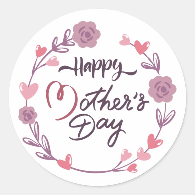 Happy Mother's Day Hearts Floral Wreath Bouquet Runder Aufkleber (Vorderseite)
