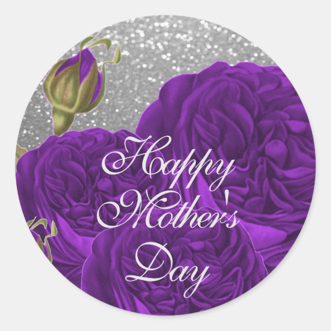 Happy Mother's Day Lila Rose auf Silver Glitzer Runder Aufkleber (Vorderseite)