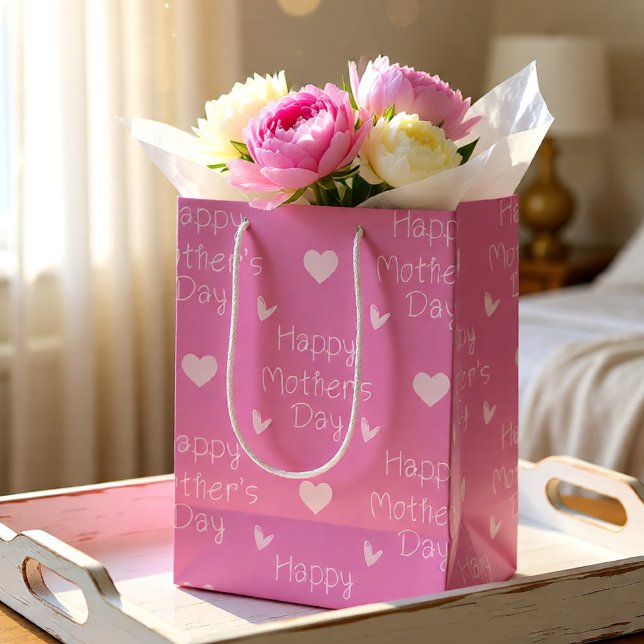 Happy Mother's day pink script Mittlere Geschenktüte (Soft Light Pink Happy Mother's Day Hearts Medium Gift Bag)