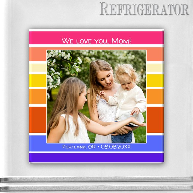Happy Mother's Day Rainbow Striped Foto Magnet (Photo magnet featuring your photo framed by a retro colorful rainbow striped design)