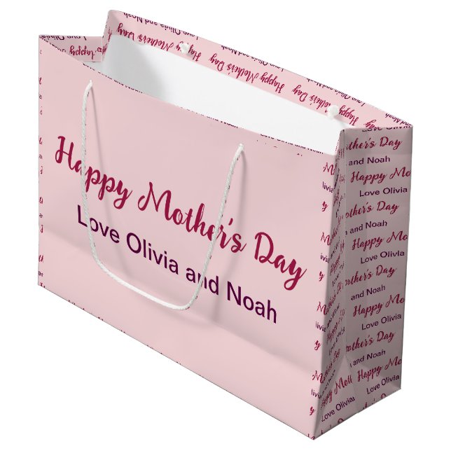 Happy Mother's Day Script blassrosa Name des Giver Große Geschenktüte (Vorderseite Schrägansicht)