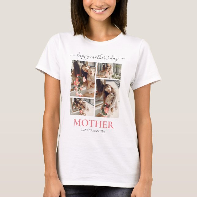 Happy Mothers Day Simple Modern Script Vier Foto T-Shirt (Vorderseite)