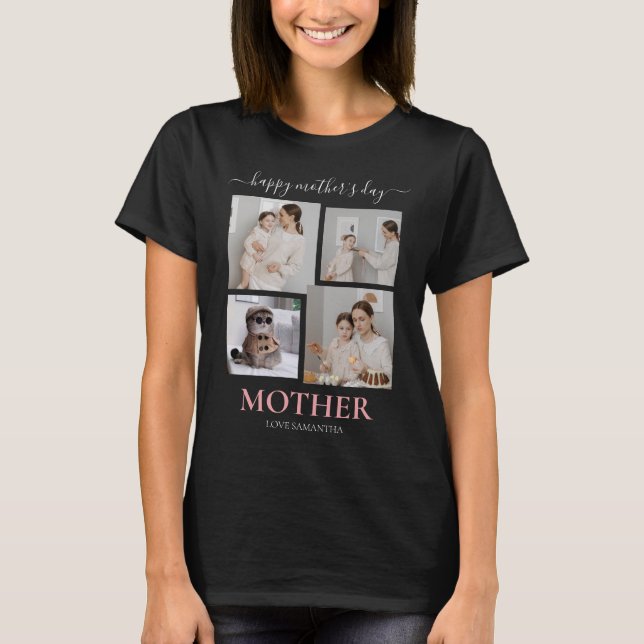 Happy Mothers Day Simple Modern Script Vier Foto T-Shirt (Vorderseite)