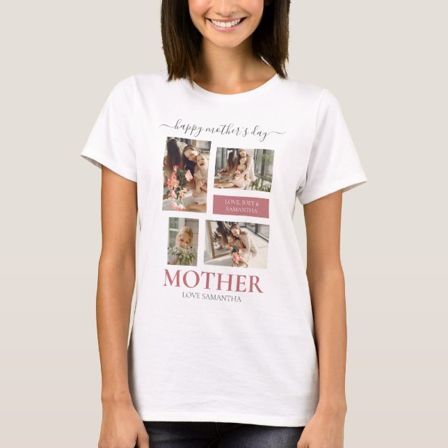 Happy Mothers Day Simple Modern Script Vier Foto T-Shirt (Vorderseite)