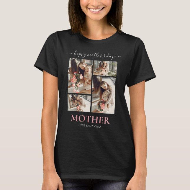 Happy Mothers Day Simple Modern Script Vier Foto T-Shirt (Vorderseite)