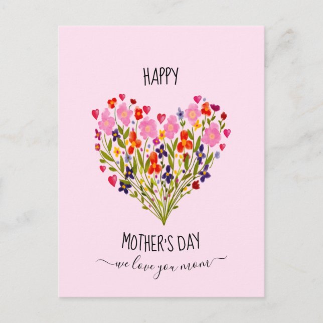 "Happy Mother's Day" Wasserfarbene Blume Herz Postkarte (Vorderseite)