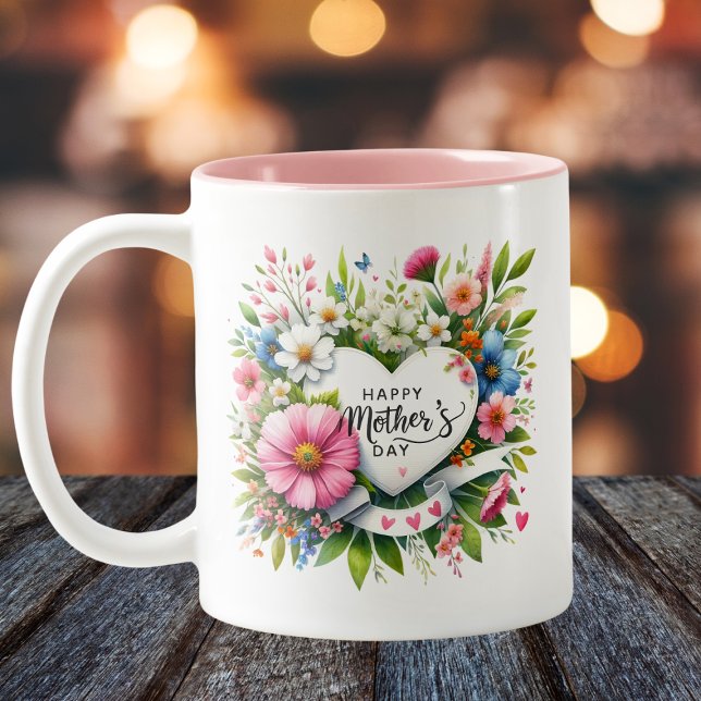 Happy Mthers Day Floral Heart Zweifarbige Tasse (Von Creator hochgeladen)