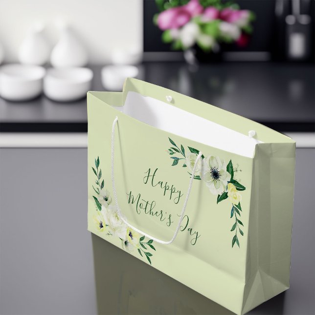 Happy Mthers Day Wild Rose & Elegantes Skript Große Geschenktüte (Green Mothers Day Gift Bag)