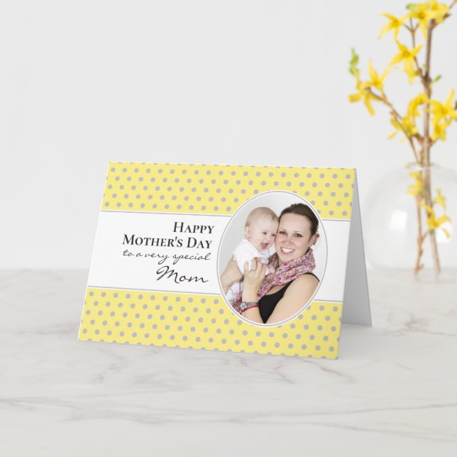 Happy Mthers Day Yellow Grey Polka Dot Foto Karte (Gelbe Blume)