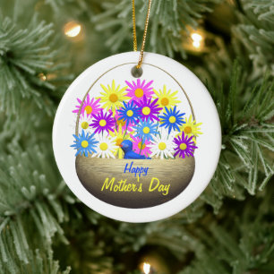 Happy Mütter Day Basket of Daisies and Blue Bird Keramikornament