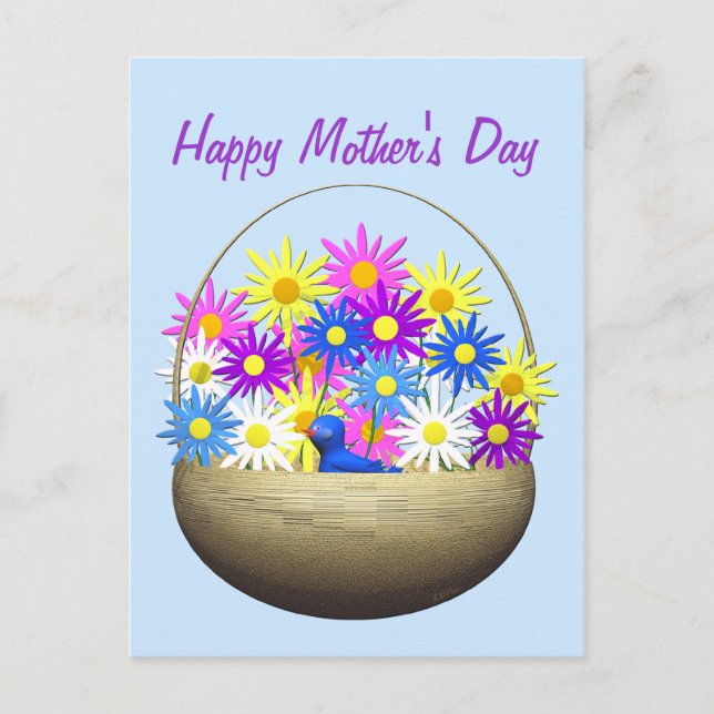 Happy Mütter Day Basket of Daisies and Blue Bird Postkarte (Vorderseite)