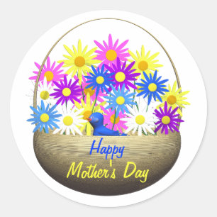 Happy Mütter Day Basket of Daisies and Blue Bird Runder Aufkleber