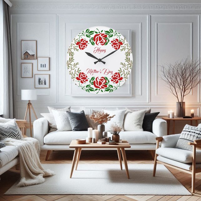 Happy Mütter Day Rote Rose Blumengrün Mauer Große Wanduhr (Happy Mothers Day Red Rose Floral Greenery Wall Large Clock)