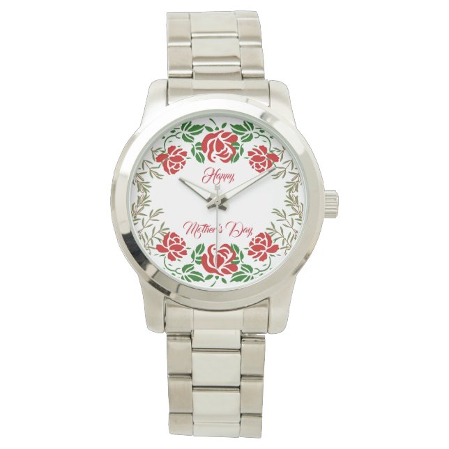 Happy Mütter Day Rote Rosen Blumengrün Niedlich Armbanduhr (Vorderseite)