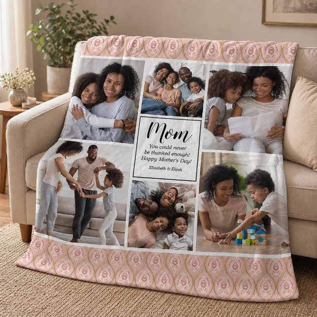 Happy Mütter Tag 6 Foto Collage Fleece Blanket (Personalize this pretty 6 photo Mothers day blanket with a pink and gold patterned border. )