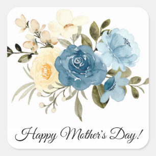 Happy Mütter Tag Aquarell blauen Blumen elegant Quadratischer Aufkleber