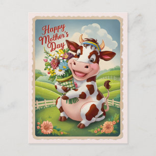 Happy Mutter Tag Niedliche Kuh mit Blume Vintag Postkarte