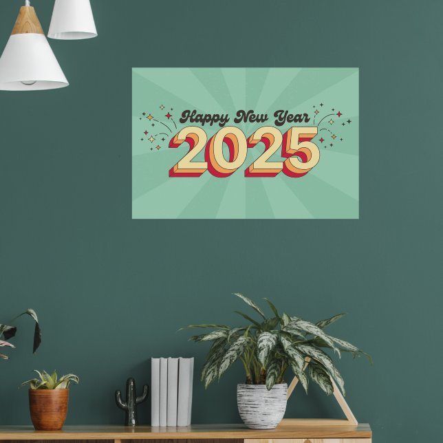 Happy neues Jahr 2025 Retro 3D Typografie Design Poster (Wohnzimmer 1)
