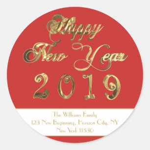 Happy New Year 2019 Red and White Gold Script Runder Aufkleber