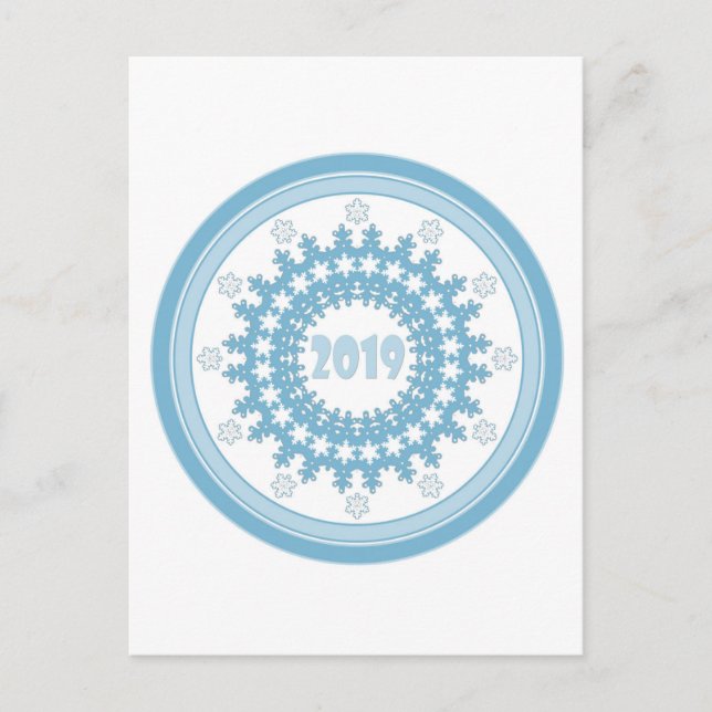 Happy New Year 2019 runde blaue Schneeflocke Winte Hinweiskarte (Vorderseite)