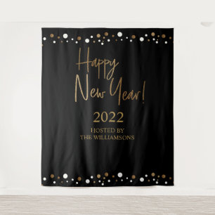 Happy New Year 2022 Script Black Gold Custom Wandteppich