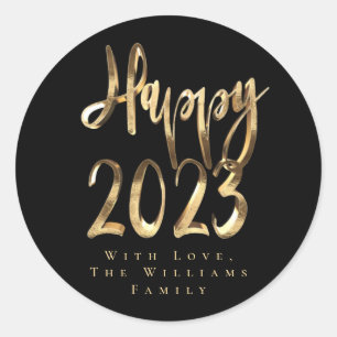 Happy New Year 2023 Elegantes Schwarz-Gold-Script Runder Aufkleber