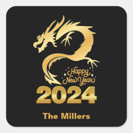 Happy New Year 2024 Golden Chinese Dragon Black Quadratischer Aufkleber