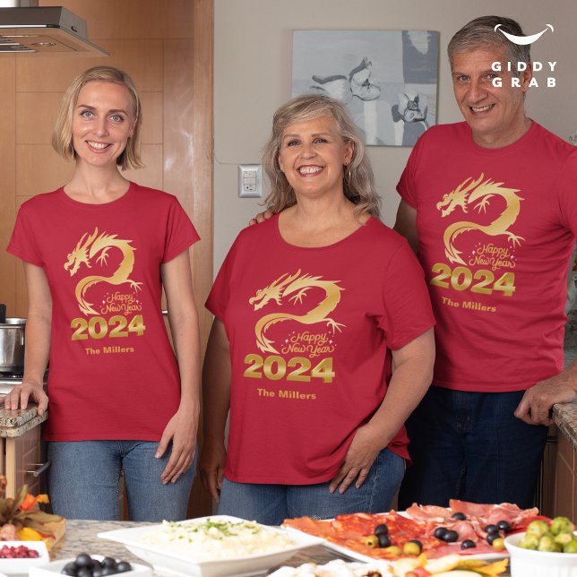 Happy New Year 2024 Golden Chinese Dragon Red T-Shirt (Von Creator hochgeladen)