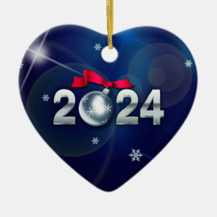 Happy New Year 2024 Herzform Custom Keramik Ornament