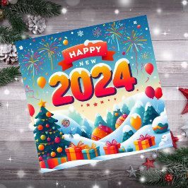 Happy New Year 2024 Weihnachtsbaum Gift Firework Feiertagskarte
