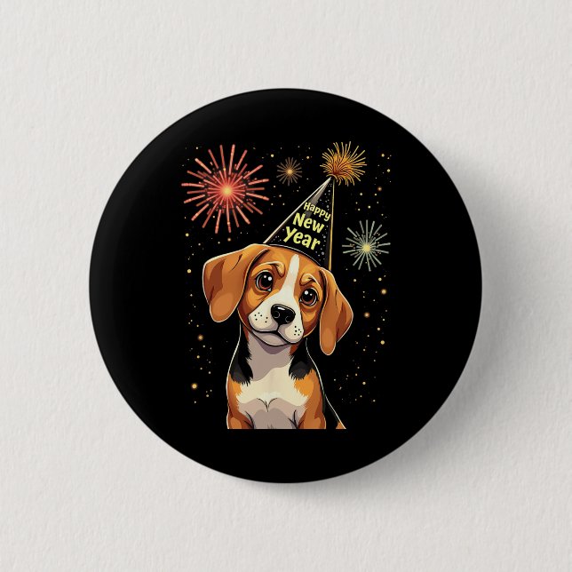 Happy New Year 2025 Eve Firework Dog Funny Beagle  Button (Vorderseite)