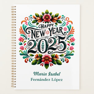 "Happy New Year 2025" farbenfrohe mexikanische Fie Planer