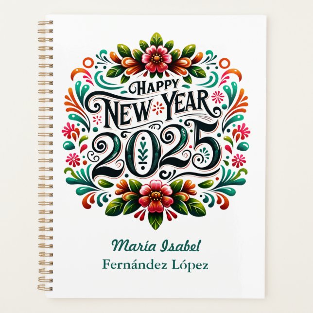 "Happy New Year 2025" farbenfrohe mexikanische Fie Planer (Vorderseite)