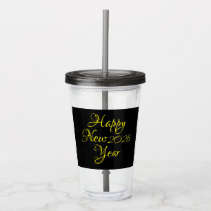 Happy New Year 2026 Black and Yellow Script Acryltrinkbecher