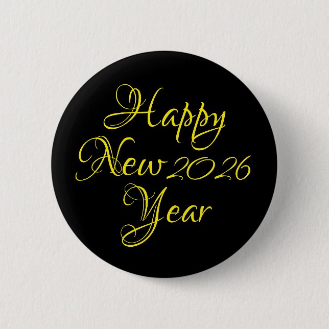 Happy New Year 2026 Black and Yellow Script Button (Vorderseite)