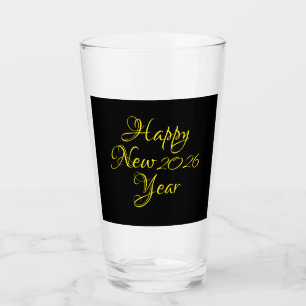 Happy New Year 2026 Black and Yellow Script Glas
