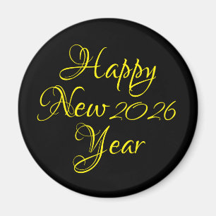 Happy New Year 2026 Black and Yellow Script Magnet