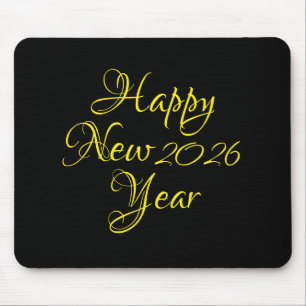 Happy New Year 2026 Black and Yellow Script Mousepad