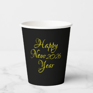 Happy New Year 2026 Black and Yellow Script Pappbecher