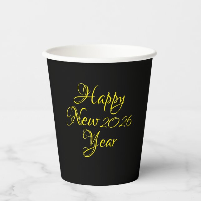 Happy New Year 2026 Black and Yellow Script Pappbecher (Vorderseite)