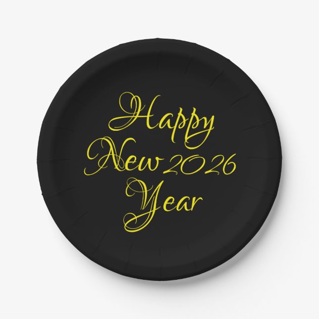 Happy New Year 2026 Black and Yellow Script Pappteller (Vorderseite)