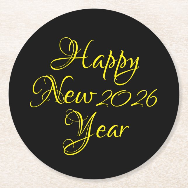 Happy New Year 2026 Black and Yellow Script Runder Pappuntersetzer (Vorderseite)