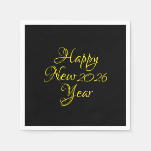 Happy New Year 2026 Black and Yellow Script Serviette
