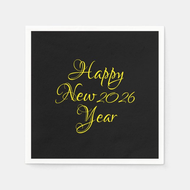 Happy New Year 2026 Black and Yellow Script Serviette (Vorderseite)