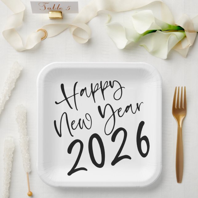 Happy New Year 2026 Black Script  Pappteller (Hochzeit)
