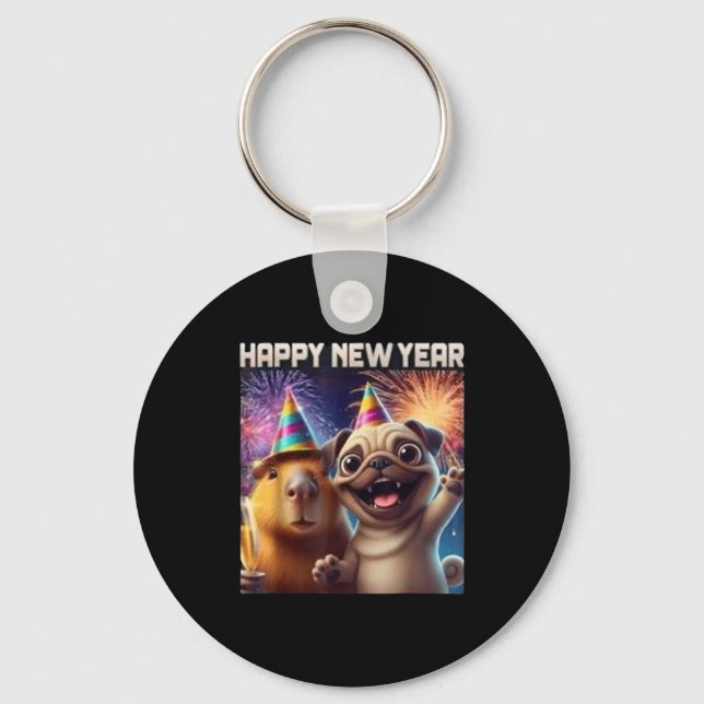 Happy New Year 2026 Capybara Pug Party Art  Schlüsselanhänger (Vorderseite)